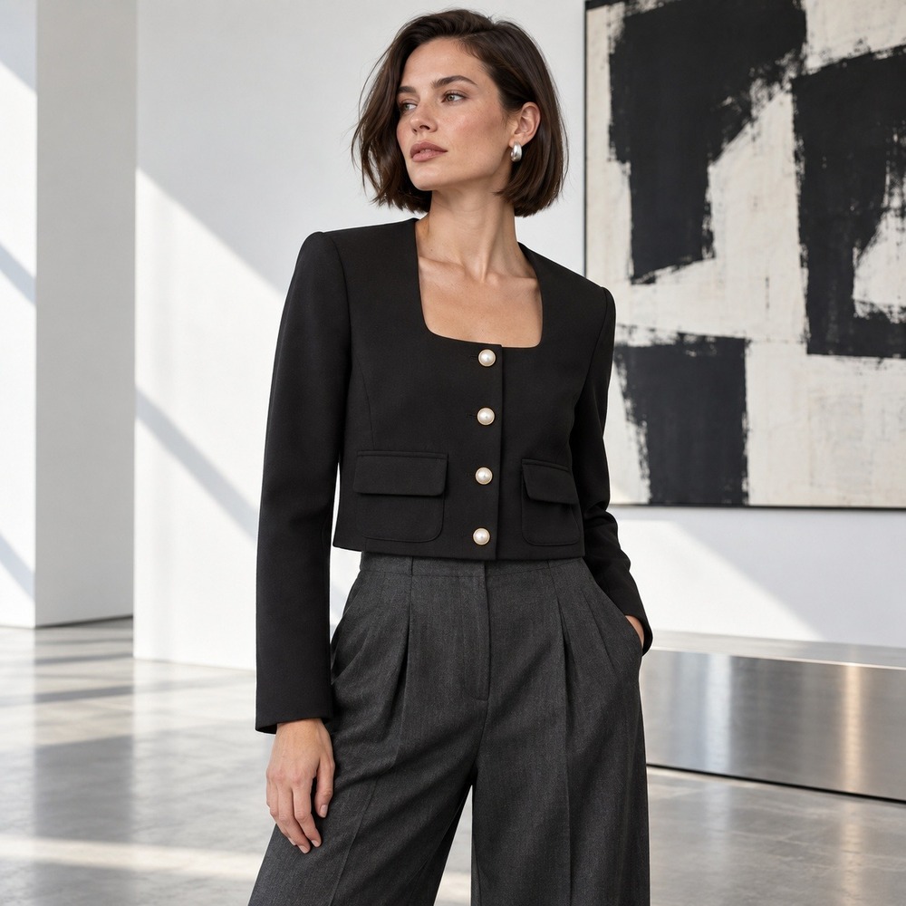 NWT Favorite Daughter Laura Crop Jacket Womens XS Black Pearl Button Square Neck